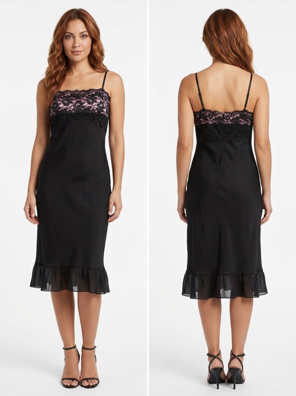 Express 100% Silk Knee Length Ruffle Satin Lace Trim Dress Women Size 2